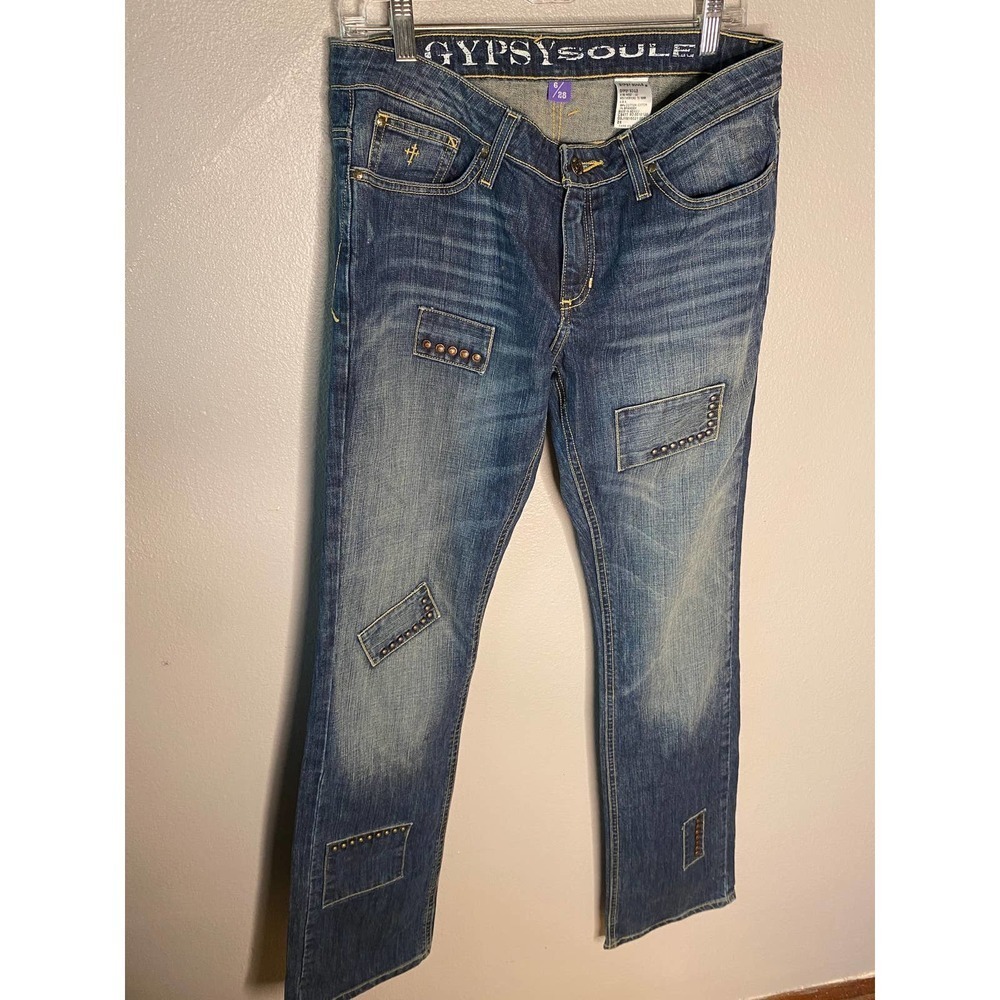 Gypsy Soule Denim Studded Patchwork Flare Pants 6 28